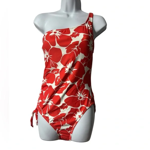VINCE CAMUTO hibiscus flower one shoulder one piece swimsuit size 10 NWT - Picture 2 of 10
